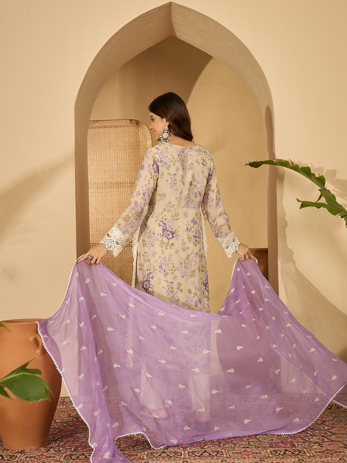 Lilac Floral Print Organza Kurti Set