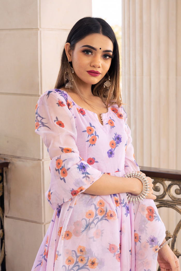 Lilac Floral Printed Georgette Anarkali Set With Flared Silhouette