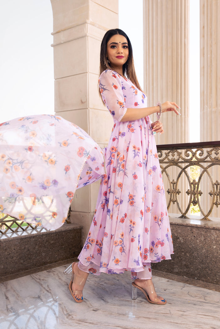 Lilac Floral Printed Georgette Anarkali Set With Flared Silhouette