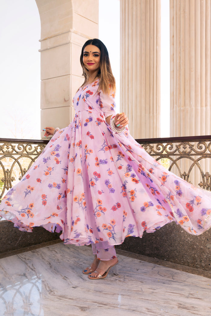 Lilac Floral Printed Georgette Anarkali Set With Flared Silhouette