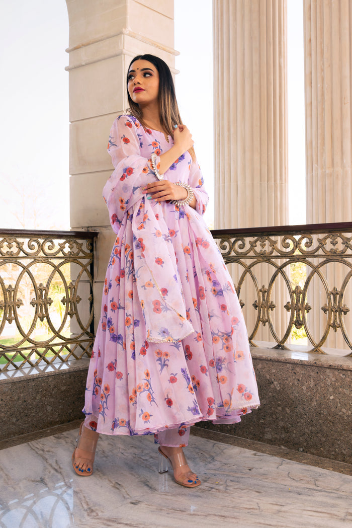 Lilac Floral Printed Georgette Anarkali Set With Flared Silhouette