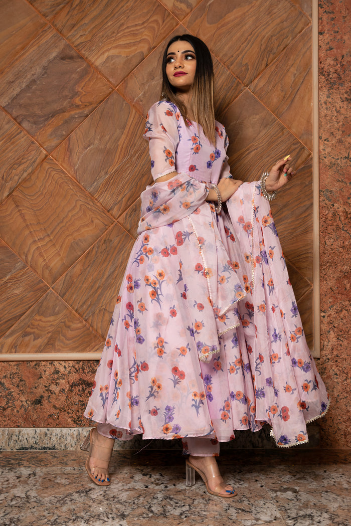 Lilac Floral Printed Georgette Anarkali Set With Flared Silhouette