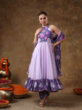 Lilac Floral Printed Georgette Halter Anarkali Set