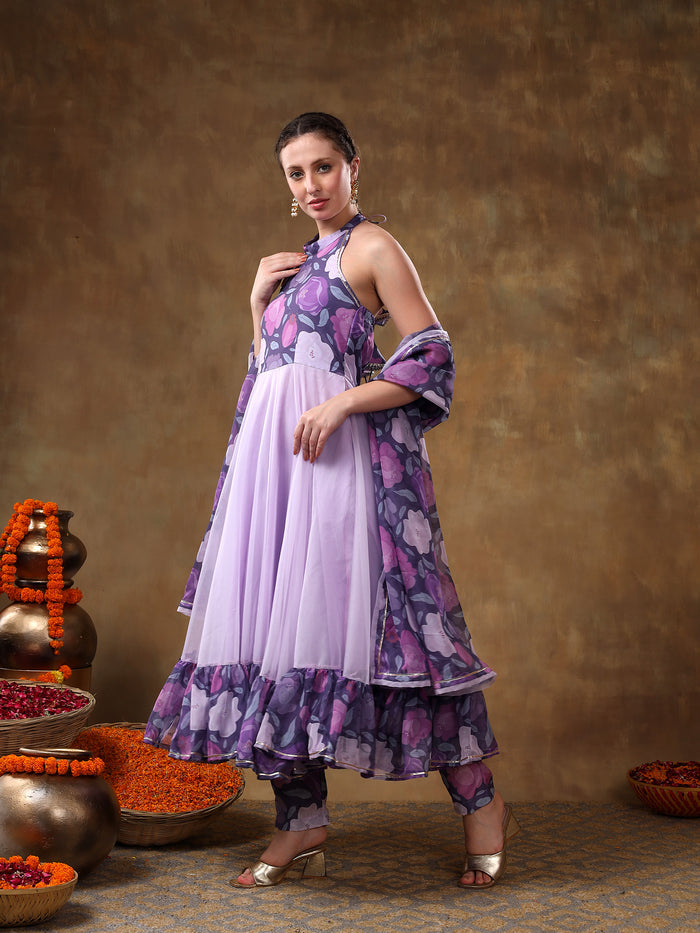 Lilac Floral Printed Georgette Halter Anarkali Set