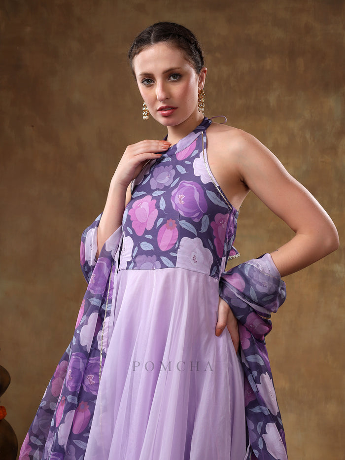 Lilac Floral Printed Georgette Halter Anarkali Set