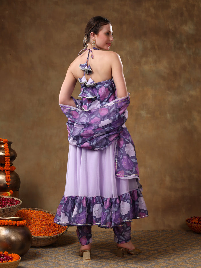 Lilac Floral Printed Georgette Halter Anarkali Set