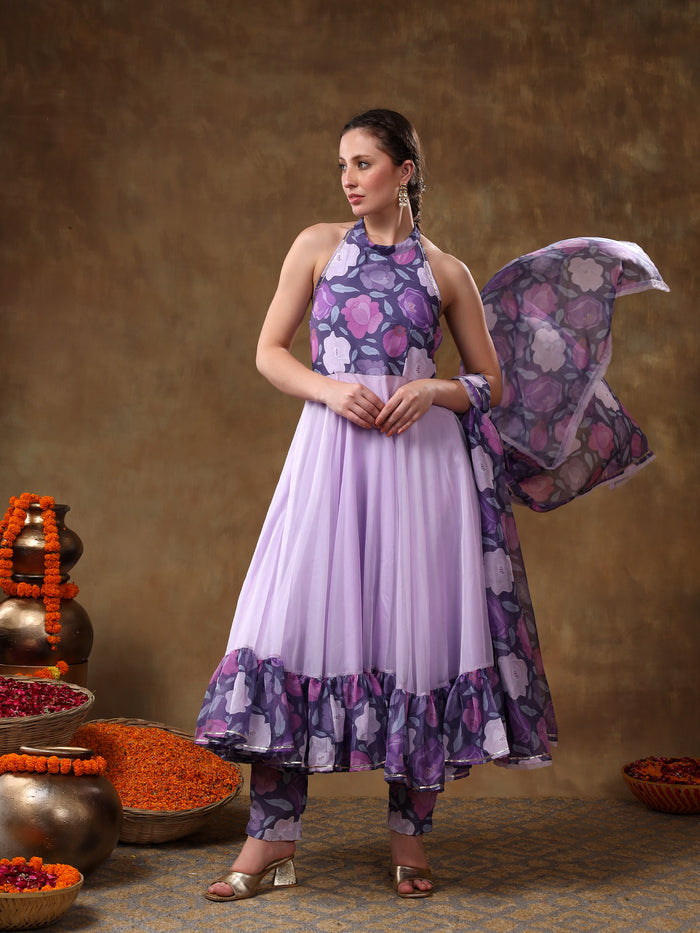 Lilac Floral Printed Georgette Halter Anarkali Set