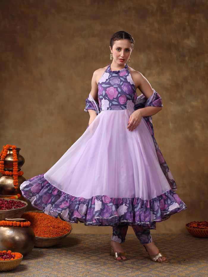 Lilac Floral Printed Georgette Halter Anarkali Set