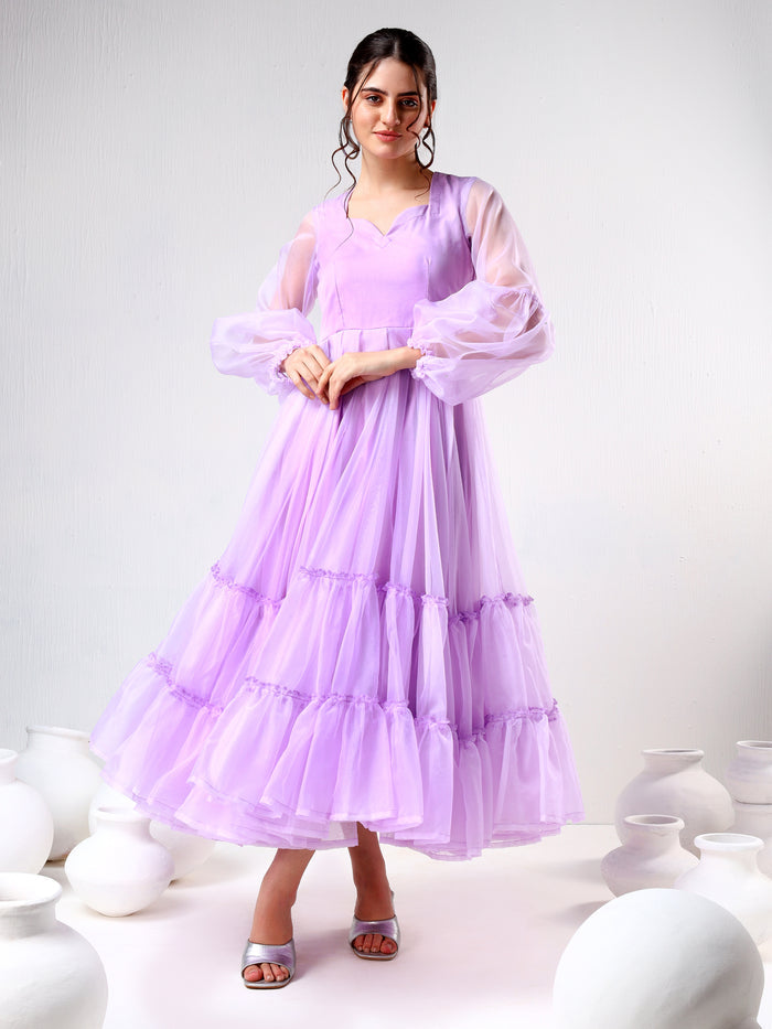 Lilac Organza Ruffled Gown With Sheer Puff Sleeves