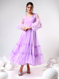 Lilac Organza Ruffled Gown With Sheer Puff Sleeves