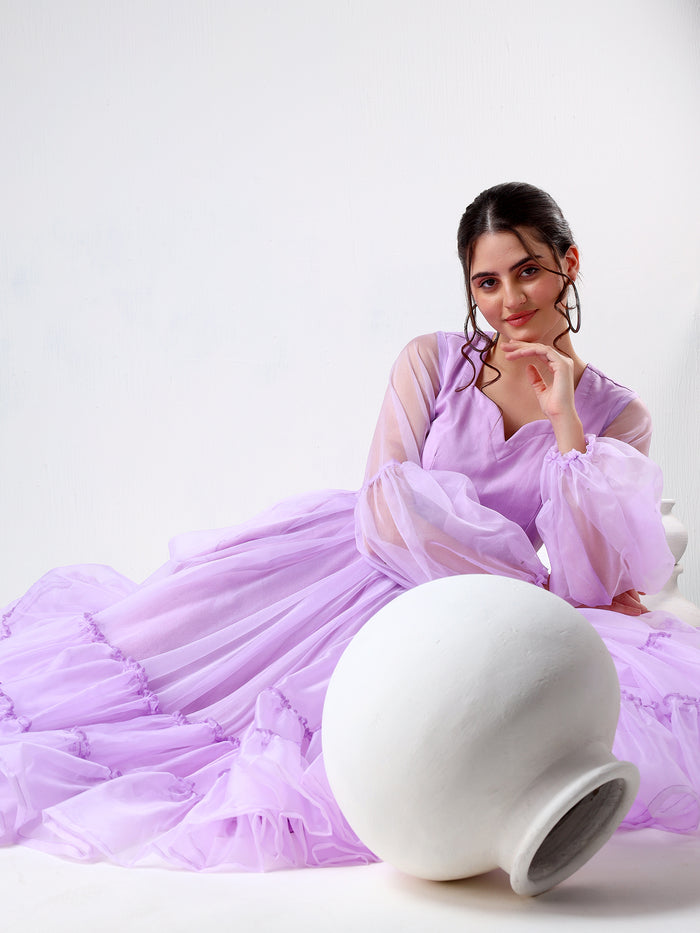 Lilac Organza Ruffled Gown With Sheer Puff Sleeves