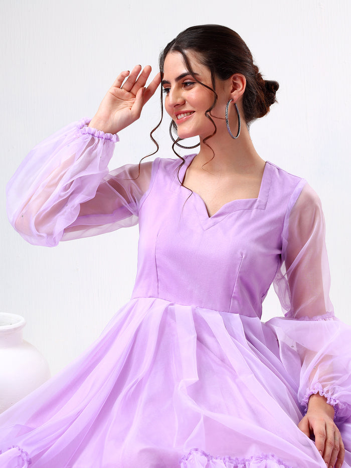 Lilac Organza Ruffled Gown With Sheer Puff Sleeves