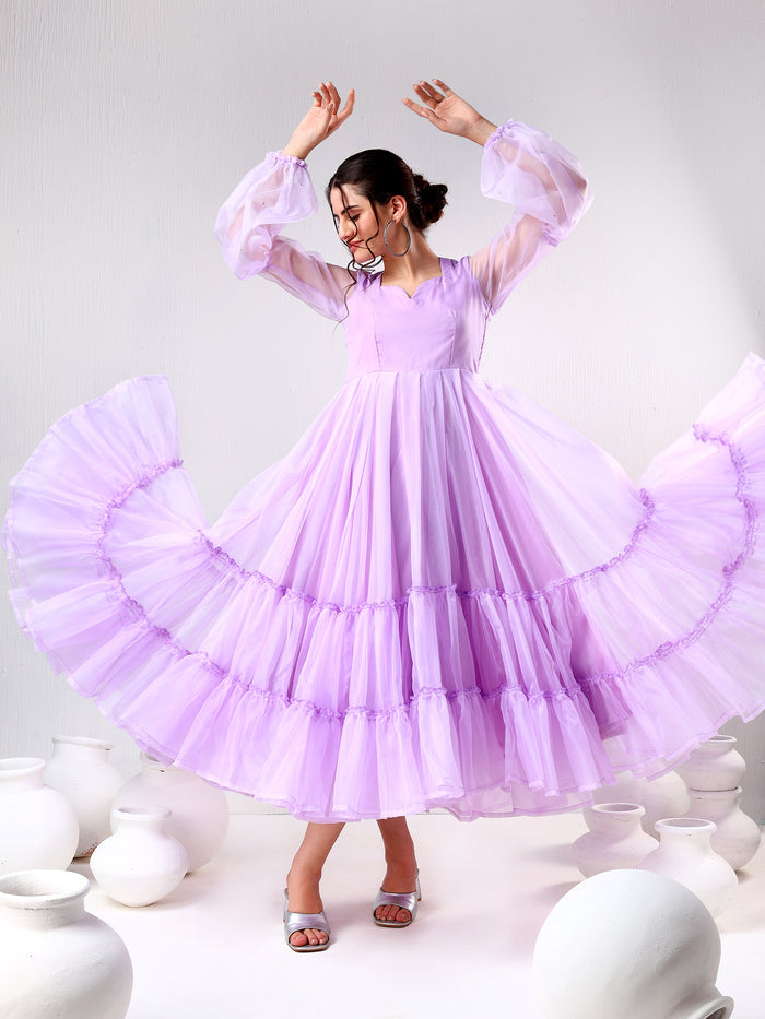 Lilac Organza Ruffled Gown With Sheer Puff Sleeves