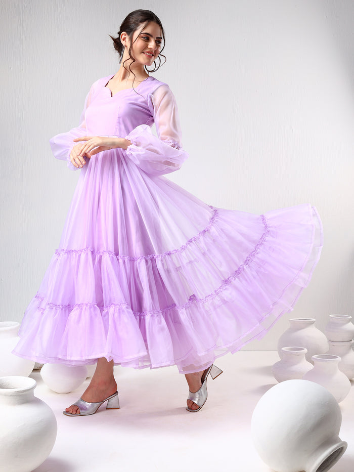 Lilac Organza Ruffled Gown With Sheer Puff Sleeves