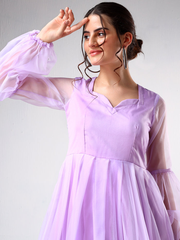 Lilac Organza Ruffled Gown With Sheer Puff Sleeves