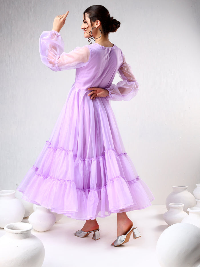 Lilac Organza Ruffled Gown With Sheer Puff Sleeves