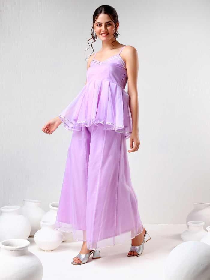Lilac Organza Tiered Cami Set With Silver Piping
