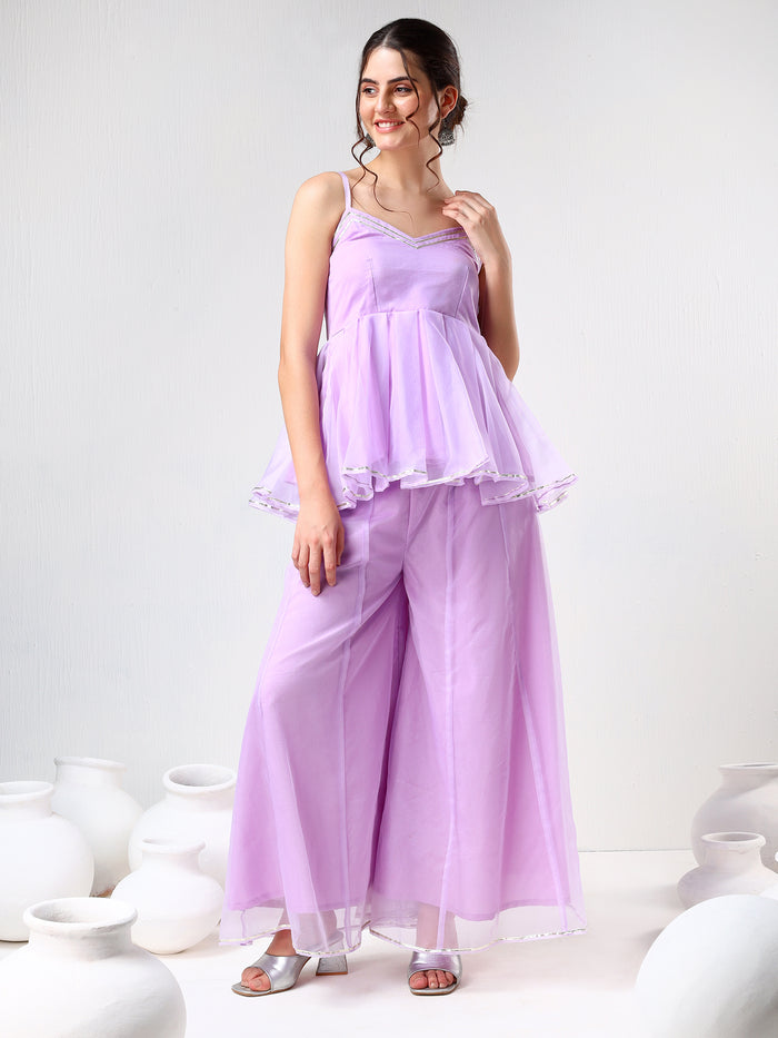 Lilac Organza Tiered Cami Set With Silver Piping