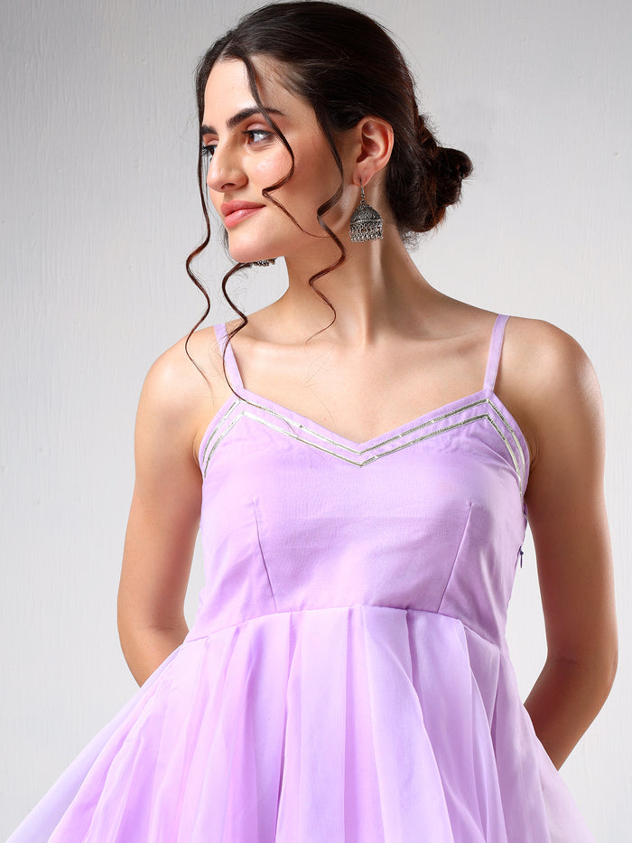 Lilac Organza Tiered Cami Set With Silver Piping