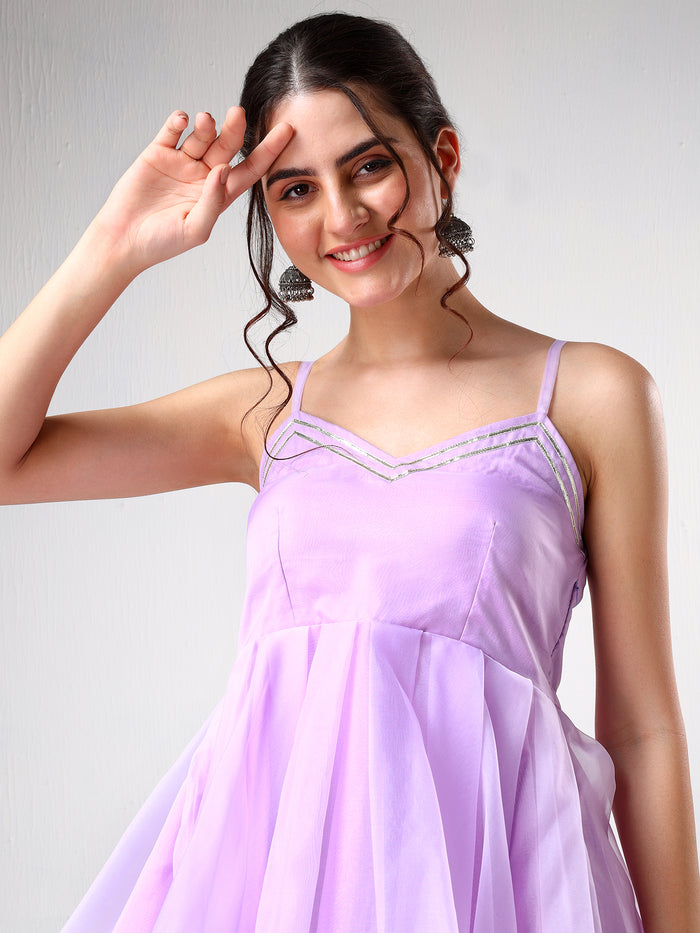 Lilac Organza Tiered Cami Set With Silver Piping