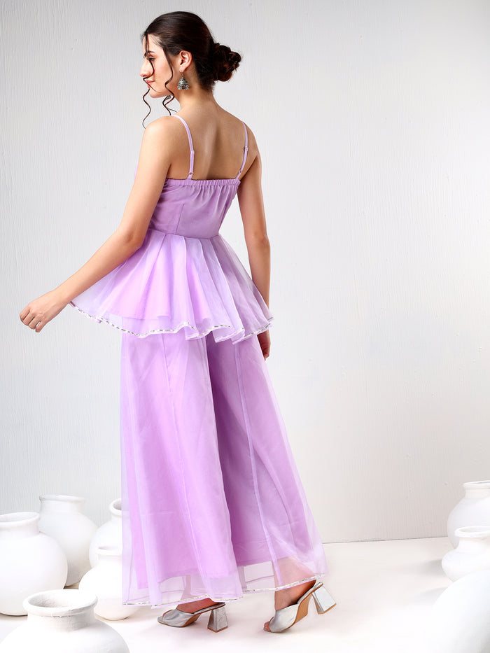 Lilac Organza Tiered Cami Set With Silver Piping