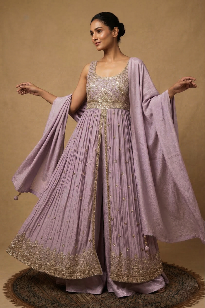 Lilac Purple Tissue Embroidered Anarkali Set