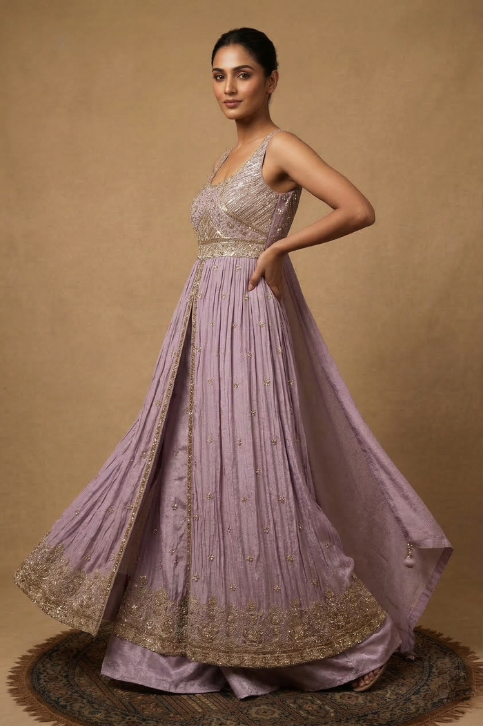 Lilac Purple Tissue Embroidered Anarkali Set