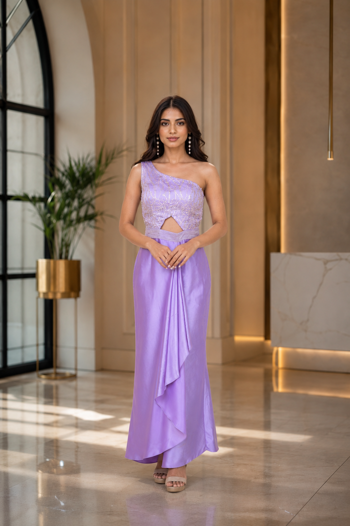 Lilac Satin One-Shoulder Gown With Sequin Bodice