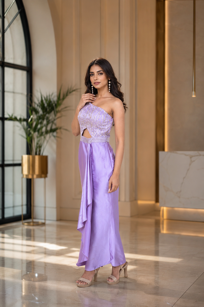 Lilac Satin One-Shoulder Gown With Sequin Bodice