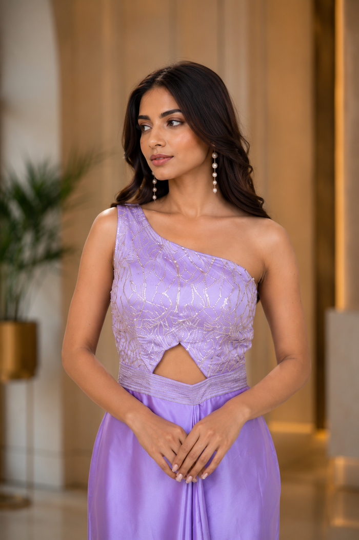 Lilac Satin One-Shoulder Gown With Sequin Bodice