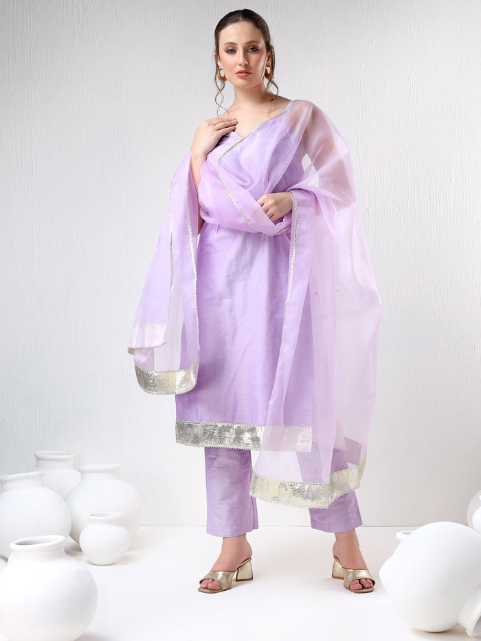 Lilac Silk Blend Salwar Set With Metallic Gota Border