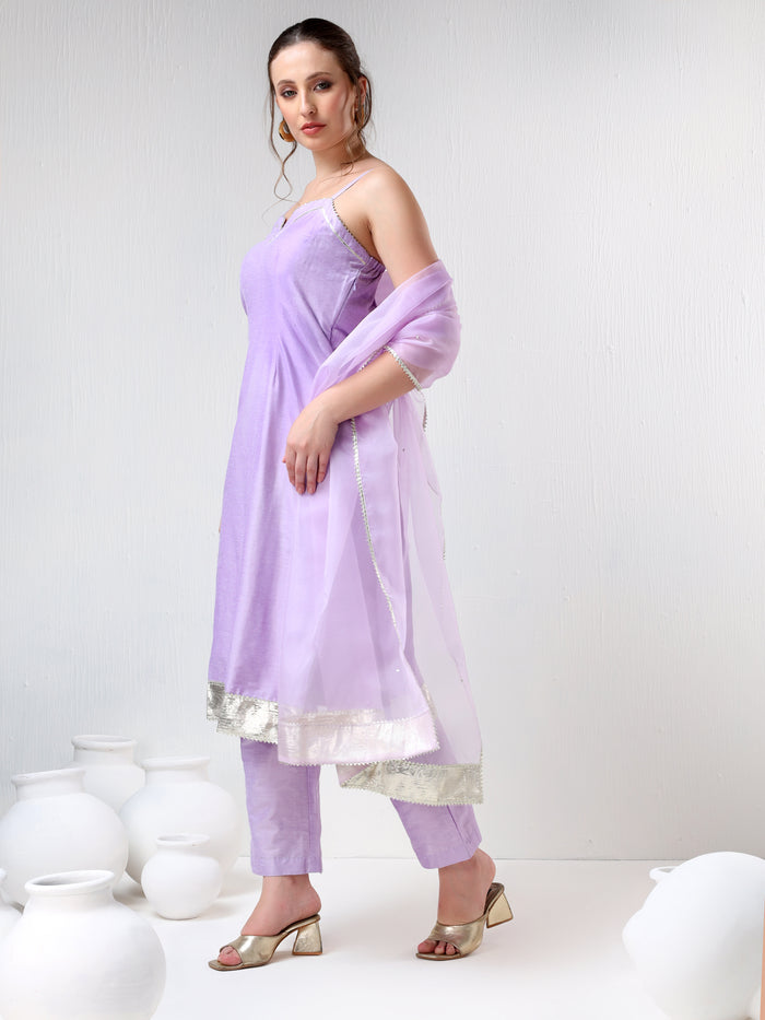 Lilac Silk Blend Salwar Set With Metallic Gota Border