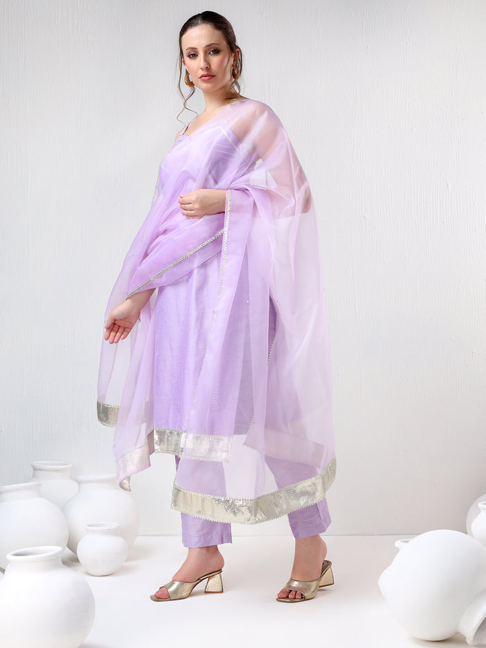 Lilac Silk Blend Salwar Set With Metallic Gota Border