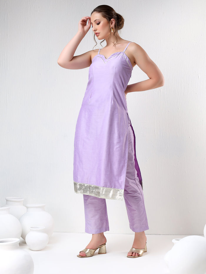 Lilac Silk Blend Salwar Set With Metallic Gota Border