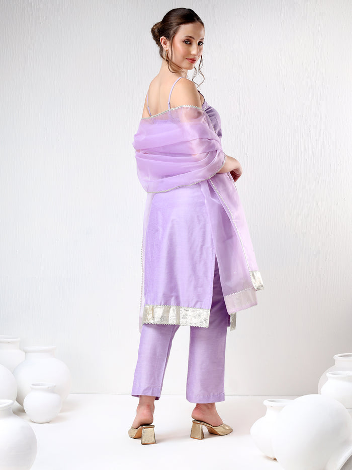 Lilac Silk Blend Salwar Set With Metallic Gota Border