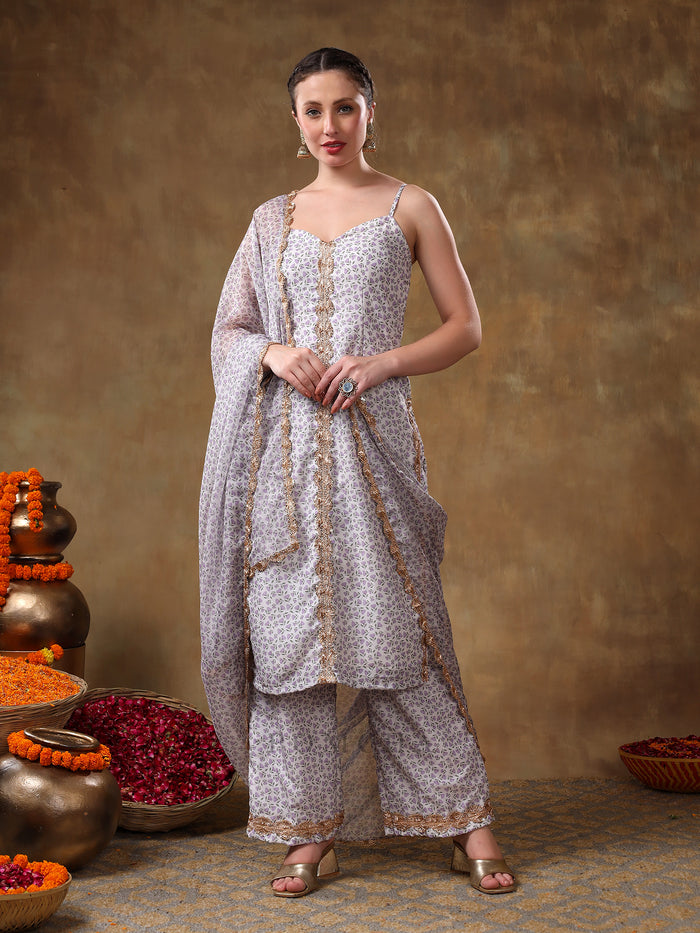 Lilac Strappy Georgette Salwar Set With Intricate Mirror Work Embroidery