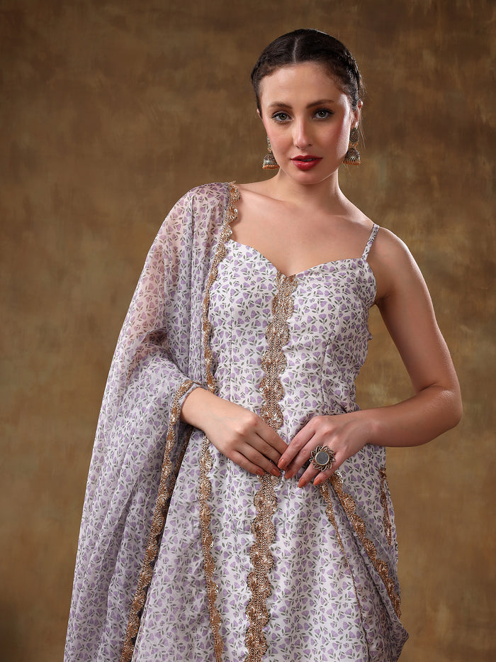 Lilac Strappy Georgette Salwar Set With Intricate Mirror Work Embroidery