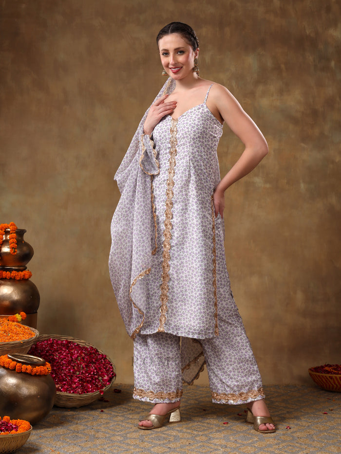 Lilac Strappy Georgette Salwar Set With Intricate Mirror Work Embroidery