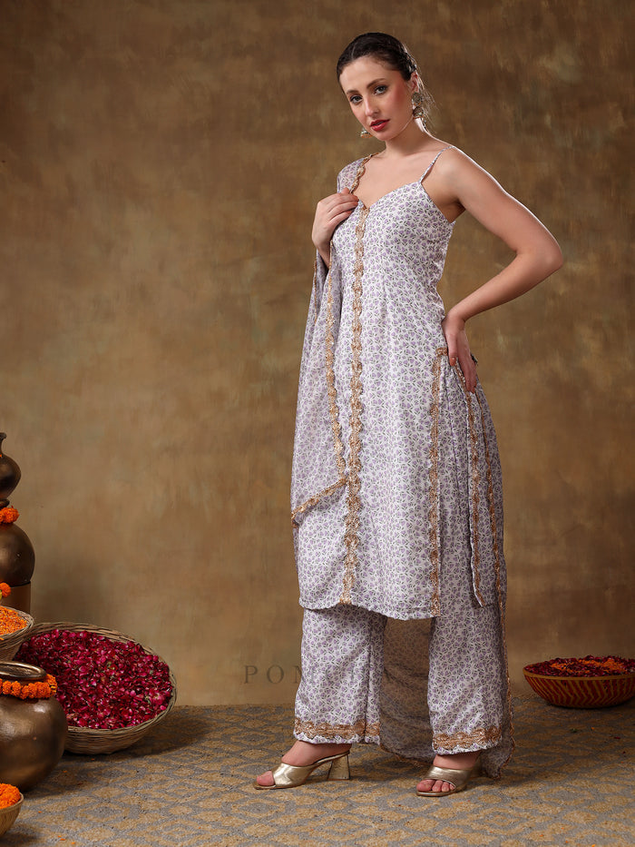 Lilac Strappy Georgette Salwar Set With Intricate Mirror Work Embroidery