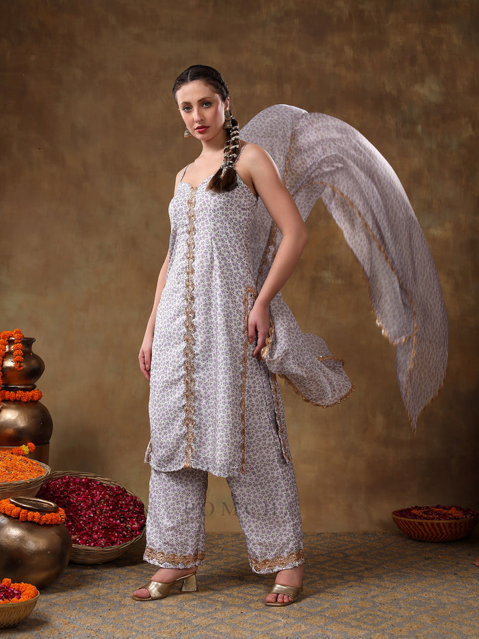 Lilac Strappy Georgette Salwar Set With Intricate Mirror Work Embroidery