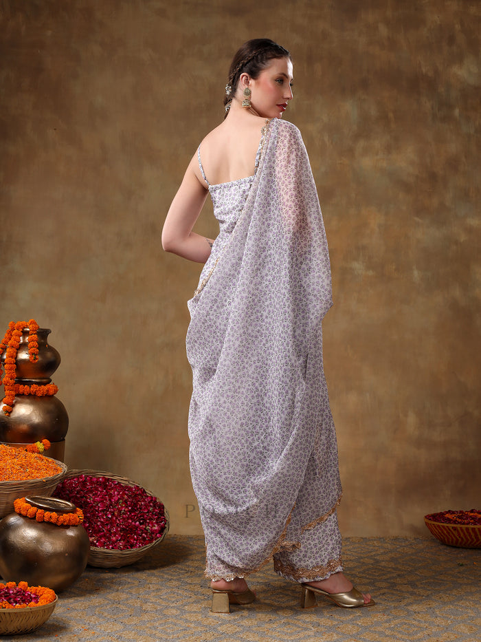 Lilac Strappy Georgette Salwar Set With Intricate Mirror Work Embroidery