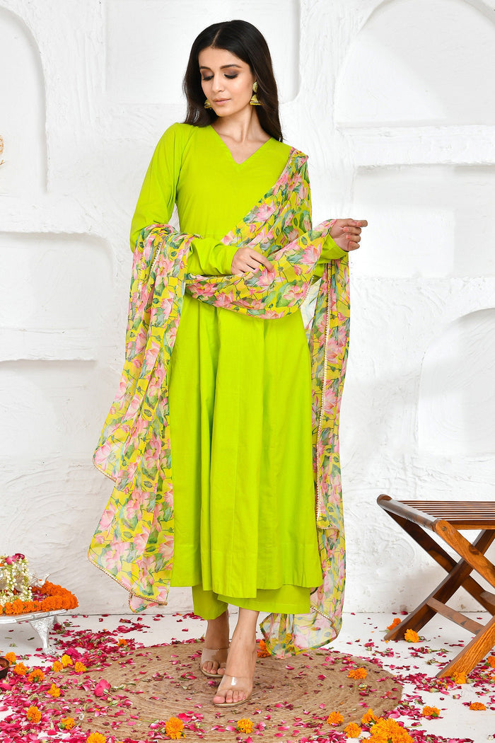 <img> Lime Green Cotton Anarkali Set With Printed Dupatta