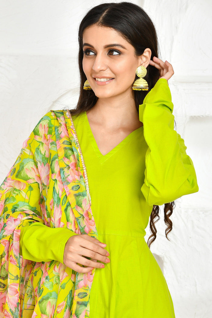 <img> Lime Green Cotton Anarkali Set With Printed Dupatta