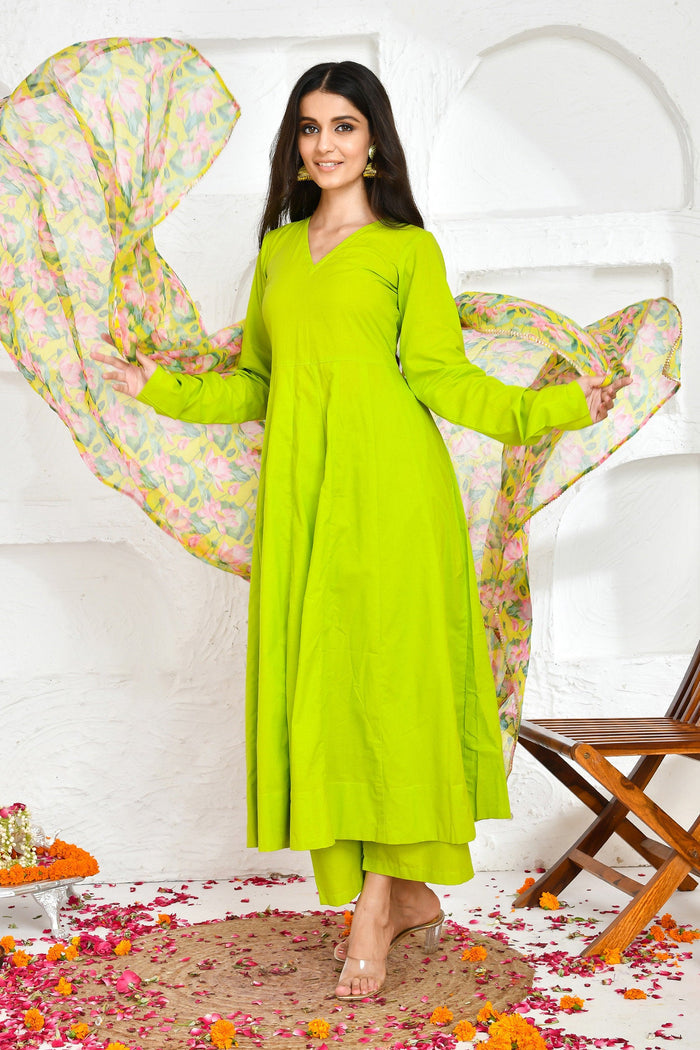 <img> Lime Green Cotton Anarkali Set With Printed Dupatta
