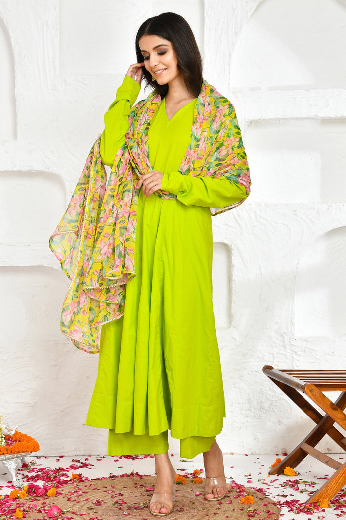 <img> Lime Green Cotton Anarkali Set With Printed Dupatta
