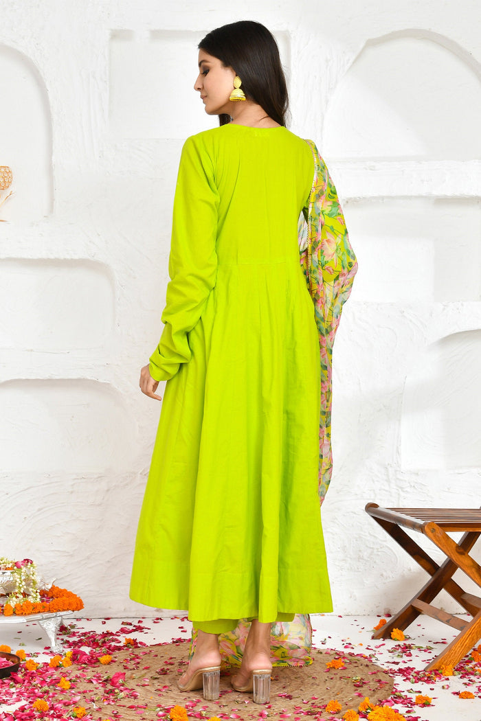 <img> Lime Green Cotton Anarkali Set With Printed Dupatta