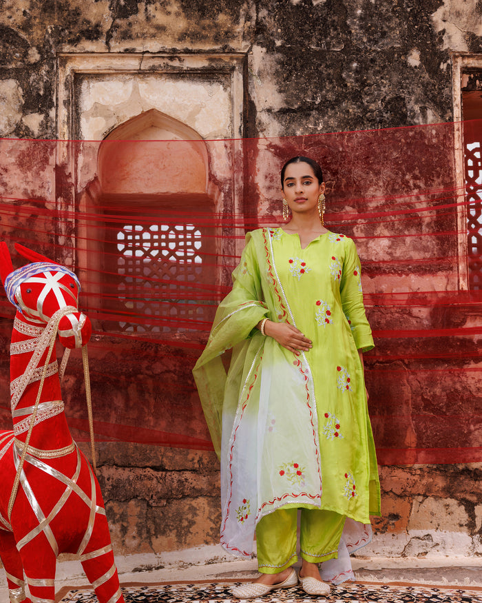 Lime Green Cotton Set With Red Floral Embroidery