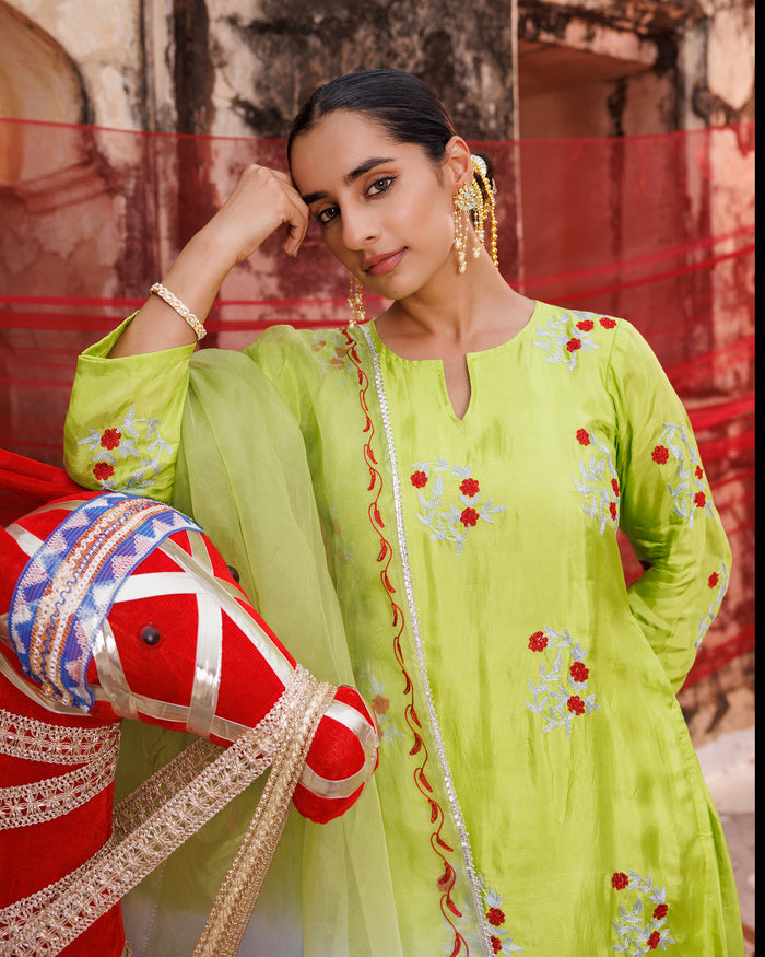 Lime Green Cotton Set With Red Floral Embroidery