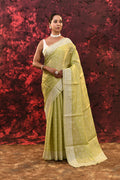 Lime Green Floral Embroidered Silk Blend Saree