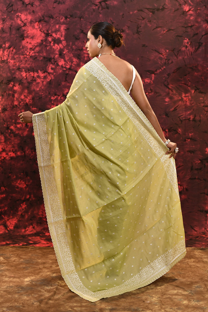 Lime Green Floral Embroidered Silk Blend Saree
